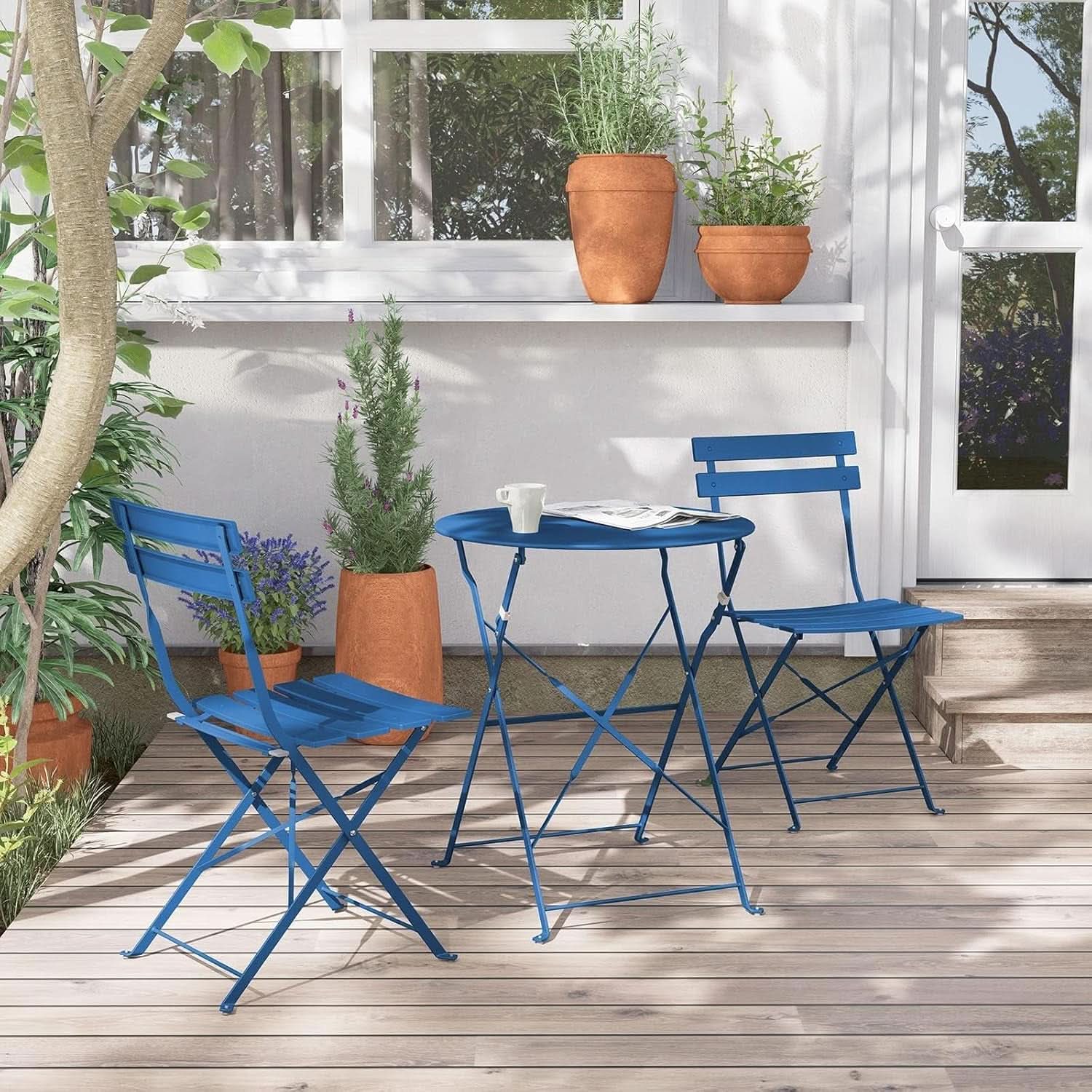 3 Piece Folding Metal Bistro Set in Blue
