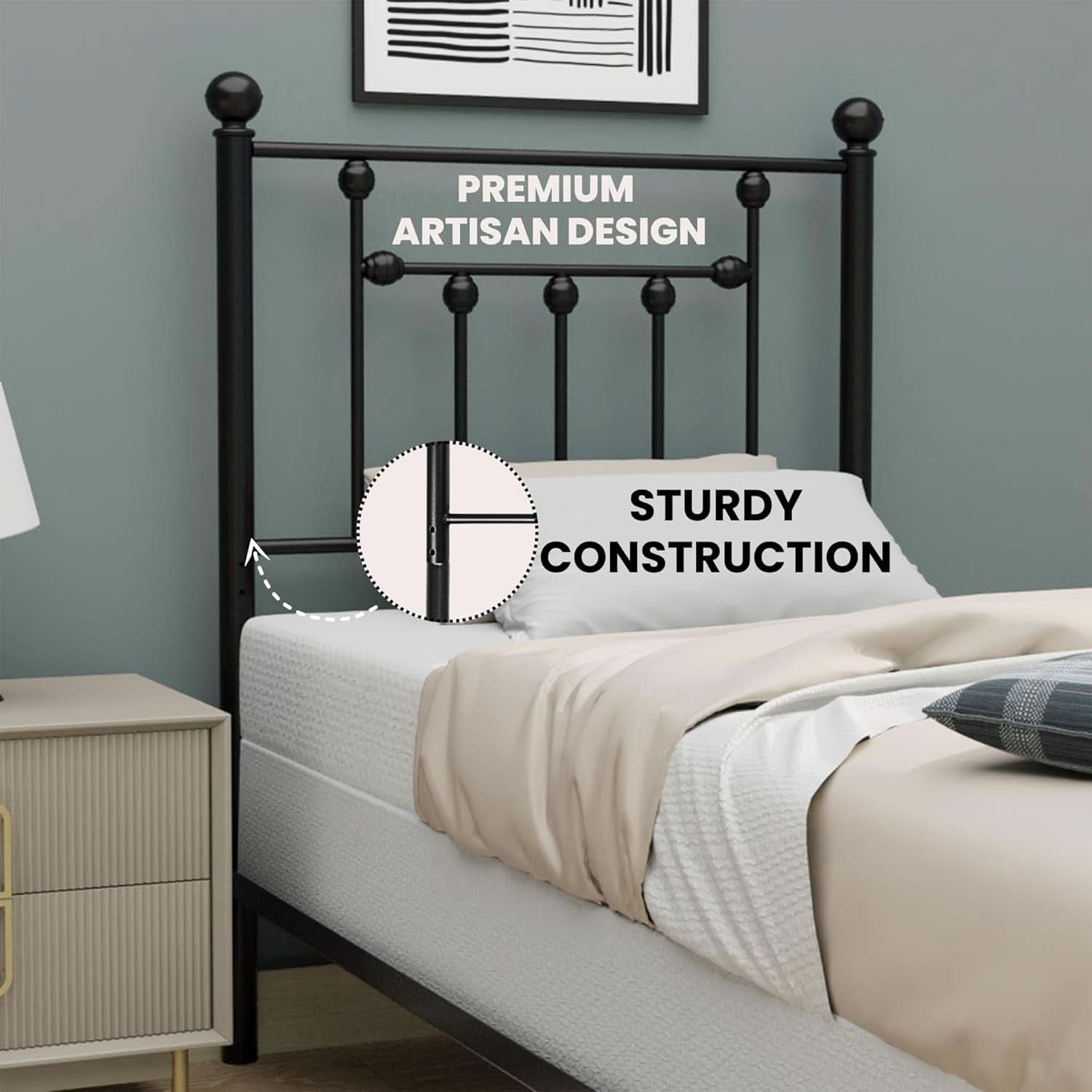 Twin Size Metal Bed Frame with Adjustable Headboard - Black