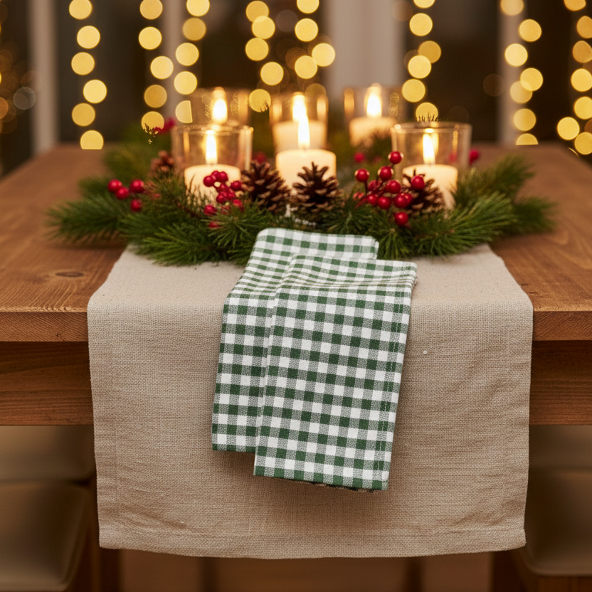 Set of 2 Handwoven Organic Cotton Dinner Napkins | Olive Gingham
