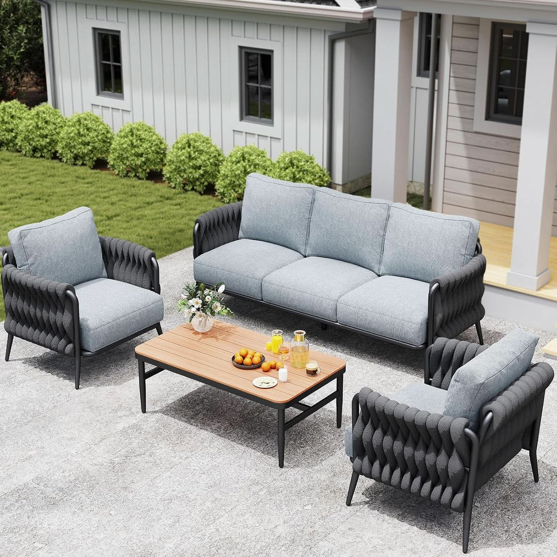 Modern Outdoor Patio Furniture Set with Waterproof Cushions - Black/Gray