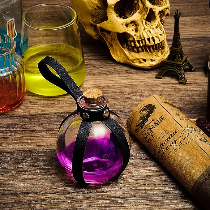 Set of 6 Medieval-Style Glass Potion Bottles with Faux Leather Strap - 8.5 oz