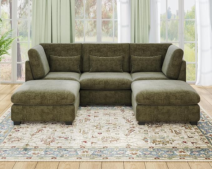 Oversized Extra Deep Cloud Chenille Modular Sectional Couch with Double Chaise in Olive Green