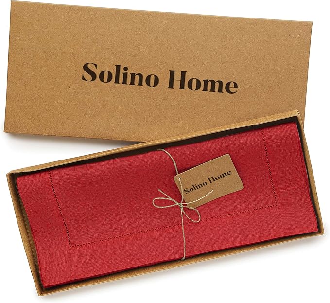 100% Pure Linen Hemstitch Table Runner 14 x 72 Inch - Classic Red
