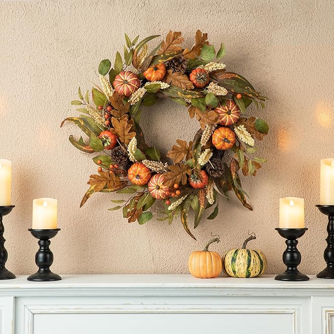 24 inch Fall Wreath with Orange Pumpkins, Natural Pinecones and Green/Brown Leaves