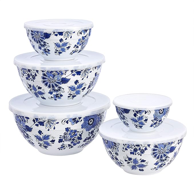 Blue and White Floral Nesting Melamine Bowls w/ Lids - 10 Pc Set