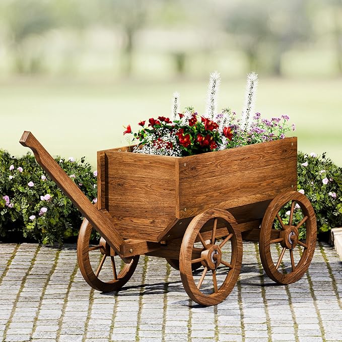Rustic Wooden Flower Cart with Wheels