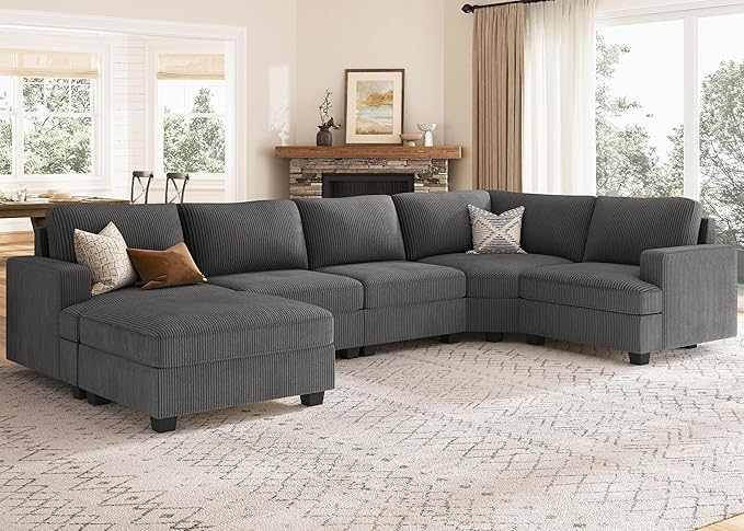 Nolany Sectional Sofa with Storage Ottoman in Gray Corduroy
