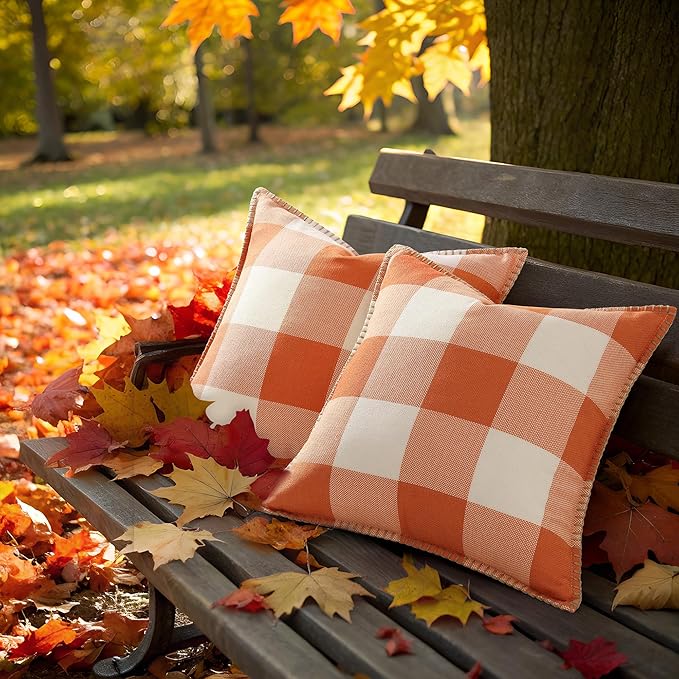 Fall Buffalo Plaid Pillow Covers - 12x20 - Set of 2, Orange