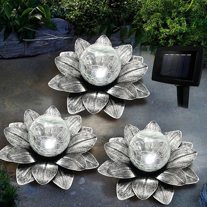 Set of 3 Silver Gray Lotus Flower Pathway Lights with Cool White Crackle Glass