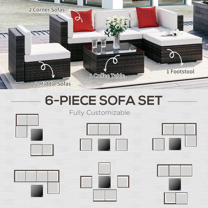 6 Piece Wicker Modular Sectional Set with Ottoman - Espresso/Cream