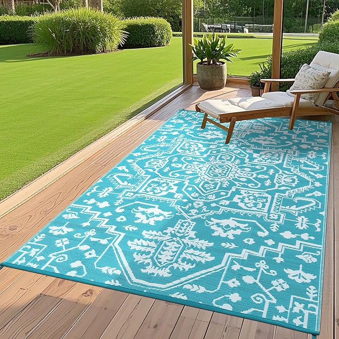 8x10 Reversible Outdoor Mat - Teal Blue/White