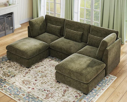 Oversized Extra Deep Cloud Chenille Modular Sectional Couch with Double Chaise in Olive Green