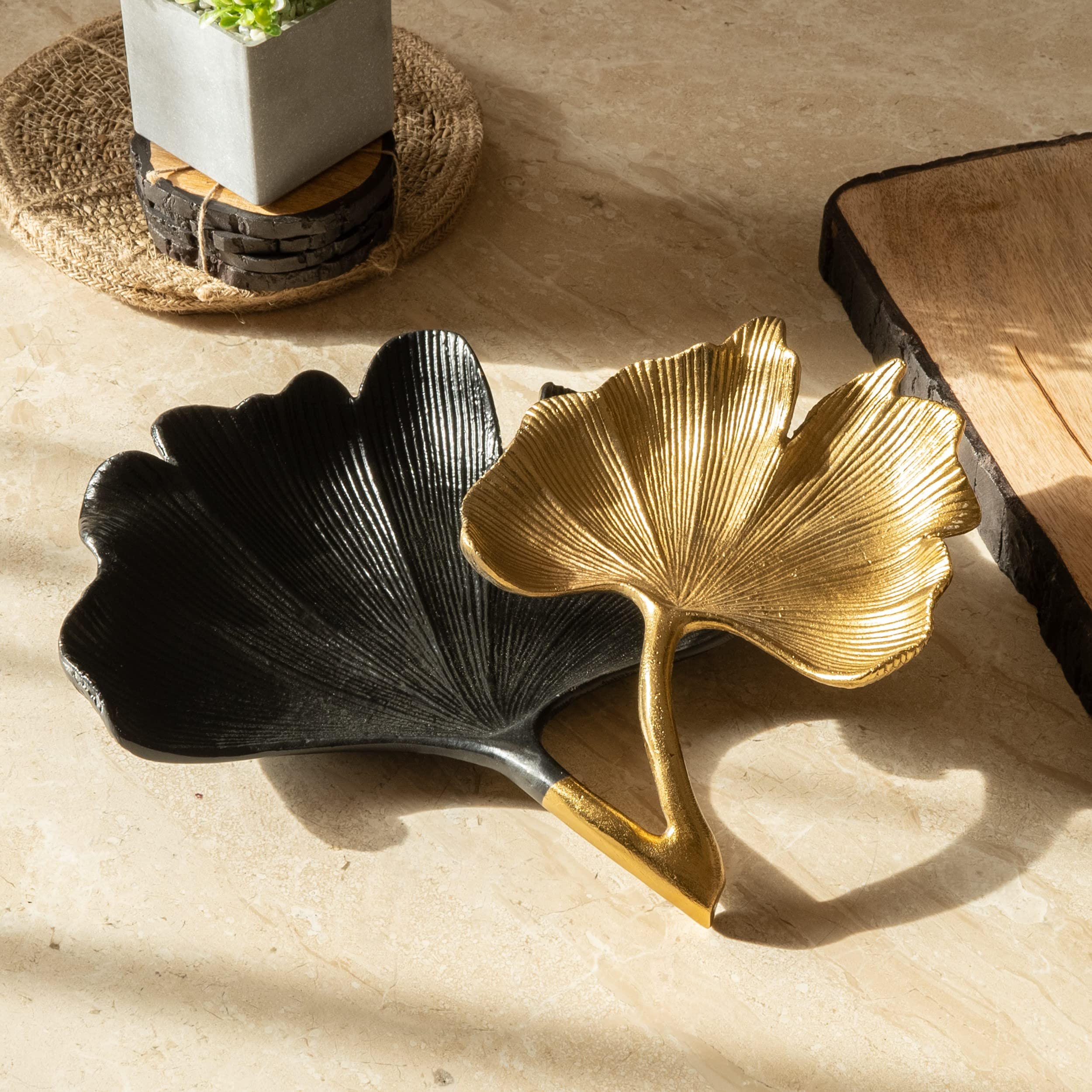 Black &amp; Gold Ginkgo Leaf Tray - 2 Tier