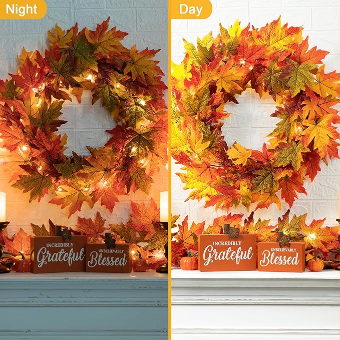 24 Inch Pre-lit Maple Leaf Wreath with Timer