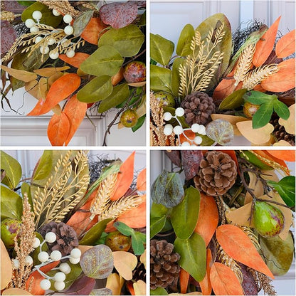 24" Fall Wreath - Handmade with Autumn Leaves, Pinecones, Berries and Wheat