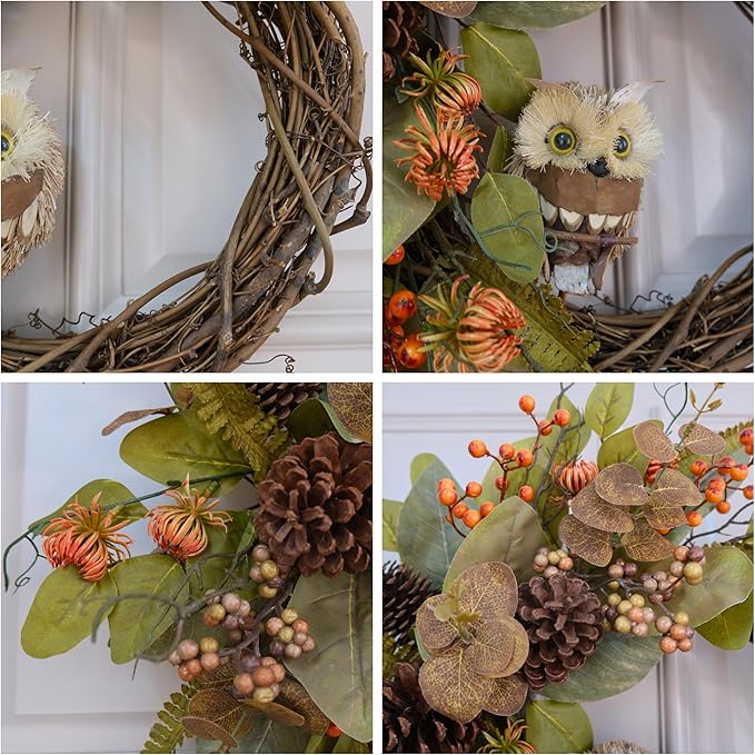 Handcrafted Fall Owl Wreath with Natural Pine Cones, Faux Eucalyptus, Magnolia Leaf, and Berries - 24 inch