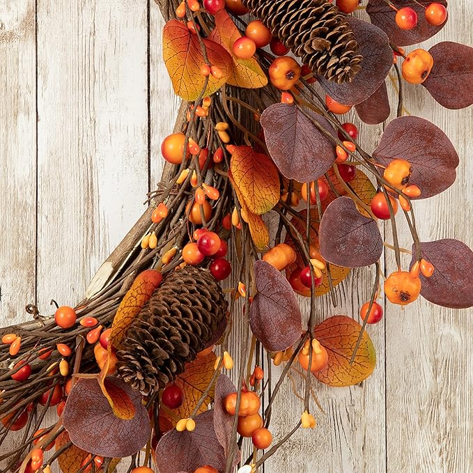 22 inch Fall Berry Wreath with Purple Eucalyptus and Pine Cones