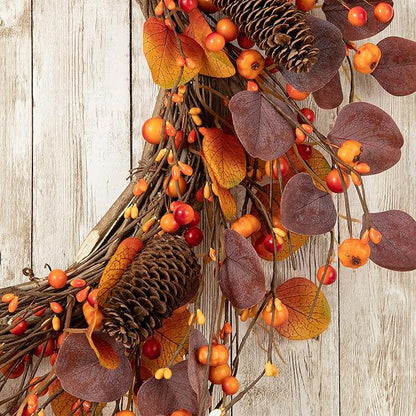 22 inch Fall Berry Wreath with Purple Eucalyptus and Pine Cones