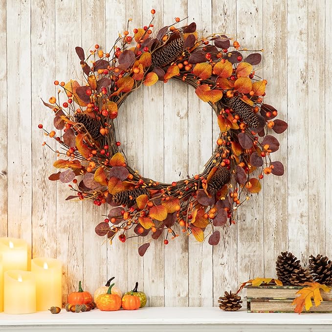 22 inch Fall Berry Wreath with Purple Eucalyptus and Pine Cones