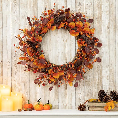 22 inch Fall Berry Wreath with Purple Eucalyptus and Pine Cones