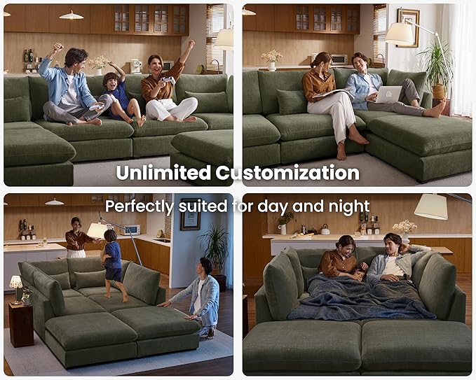 Oversized Extra Deep Cloud Chenille Modular Sectional Couch with Double Chaise in Olive Green