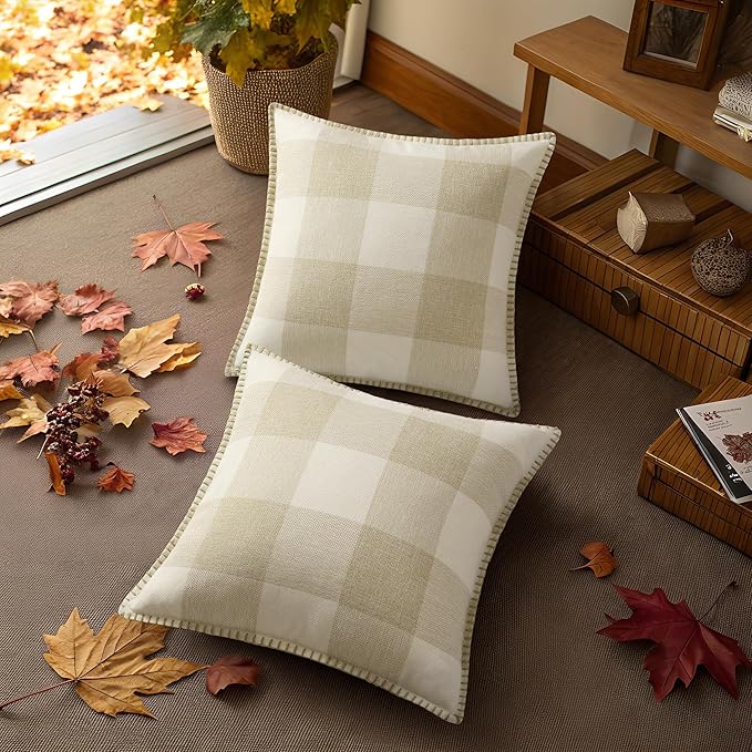 Set of 2 Buffalo Plaid Check Fall Throw Pillow Covers - 24x24, Beige
