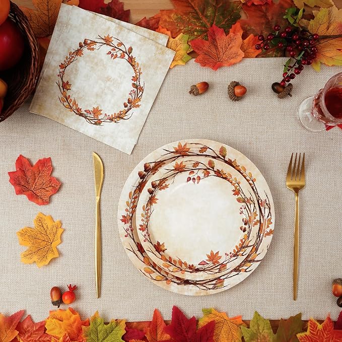 200 Pcs Fall Paper Plates and Napkins - Serves 50 Guests