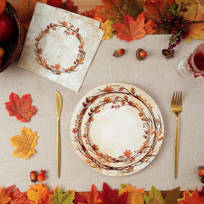200 Pcs Fall Paper Plates and Napkins - Serves 50 Guests