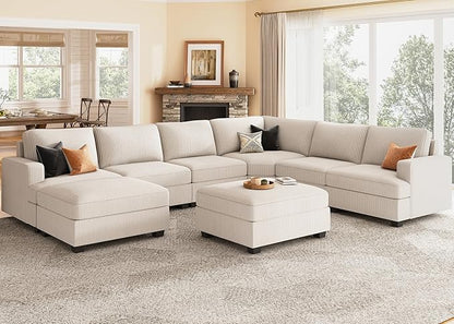 Nolany Sectional Couch with Storage Ottoman in Beige Corduroy