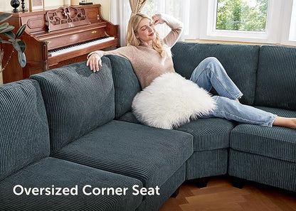 Nolany Sectional Sofa with Storage Ottoman in Blue Corduroy