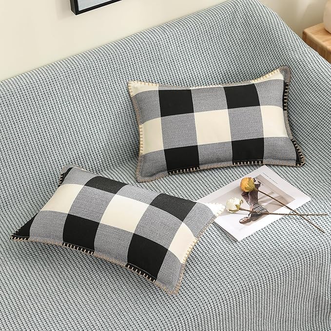 Buffalo Plaid Check Throw Pillow Covers - 12x20, Set of 2, Black