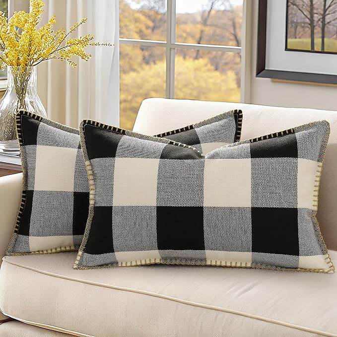 Buffalo Plaid Check Throw Pillow Covers - 12x20, Set of 2, Black