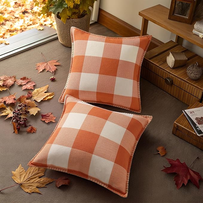 Fall Buffalo Plaid Pillow Covers - 12x20 - Set of 2, Orange