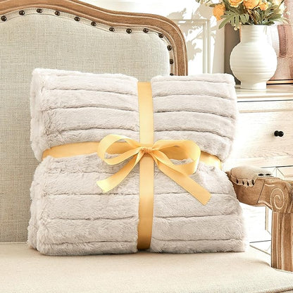 Faux Fur Throw Blanket - Beige, 60 x 80