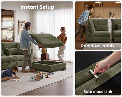 Oversized Extra Deep Cloud Chenille Modular Sectional Couch with Double Chaise in Olive Green
