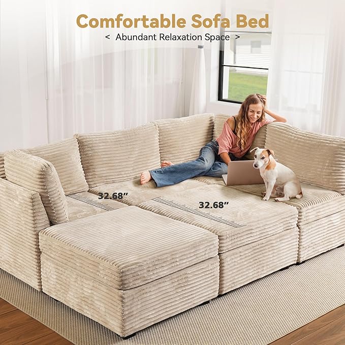 8-Seater Comfy Cloud Modular with One Movable Ottoman in Beige Corduroy
