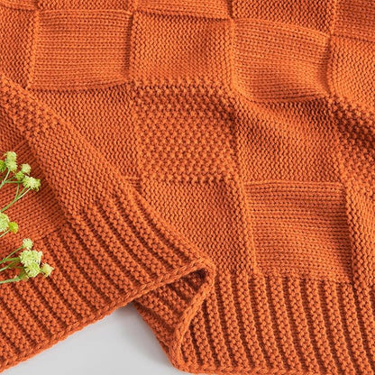 Rust/Orange Checkered Knit Throw Blanket - 50 X 60 inch