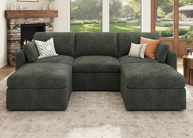 HONBAY Modular Sectional Sofa with Storage Seats - Green Chenille