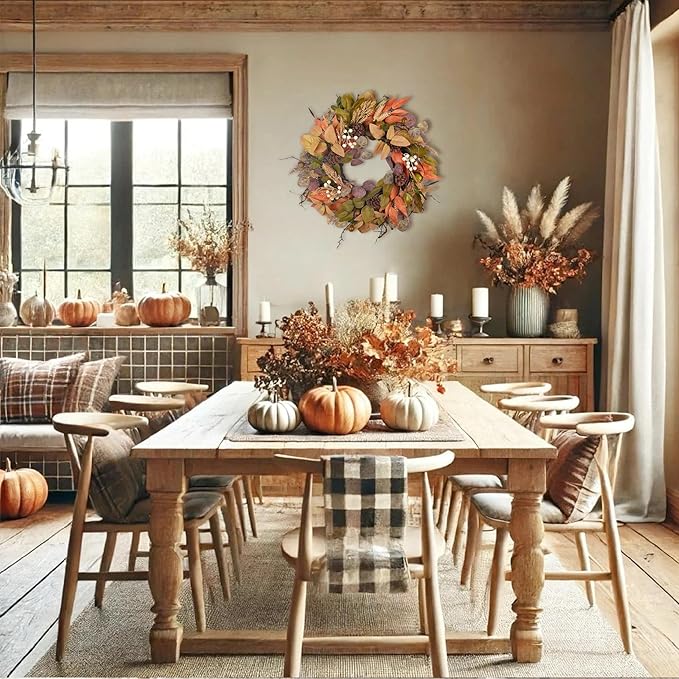 24" Fall Wreath - Handmade with Autumn Leaves, Pinecones, Berries and Wheat