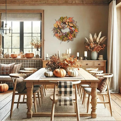 24" Fall Wreath - Handmade with Autumn Leaves, Pinecones, Berries and Wheat