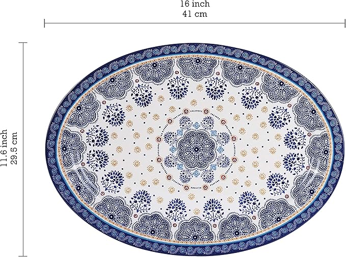 Bico Blue Talavera Ceramic 16 inch Oval Platter, Microwave &amp; Dishwasher Safe