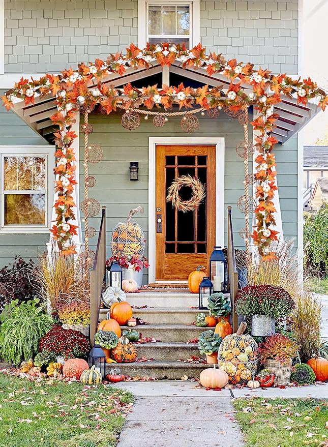 6ft Fall Garland - Orange Leaves/White Pumpkins/Pinecones