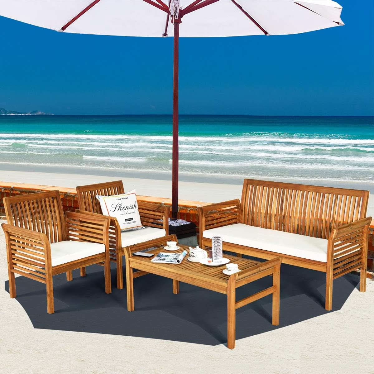 Outdoor Acacia Wood 4 Piece Chat Set With Off-White Cushions and Coffee Table