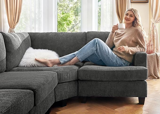 Nolany Sectional Sofa with Storage Ottoman in Gray Corduroy