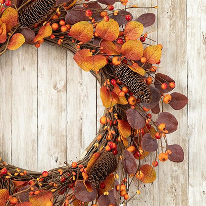 22 inch Fall Berry Wreath with Purple Eucalyptus and Pine Cones