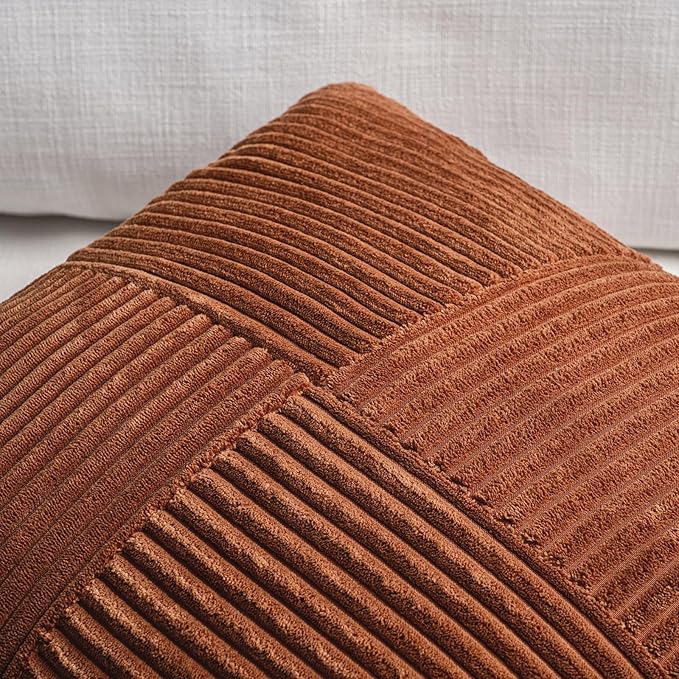2 Pc Soft Corduroy Patchwork Pillow Covers -  18 x 18 inch, Terracotta