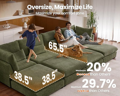Oversized Extra Deep Cloud Chenille Modular Sectional Couch with Double Chaise in Olive Green