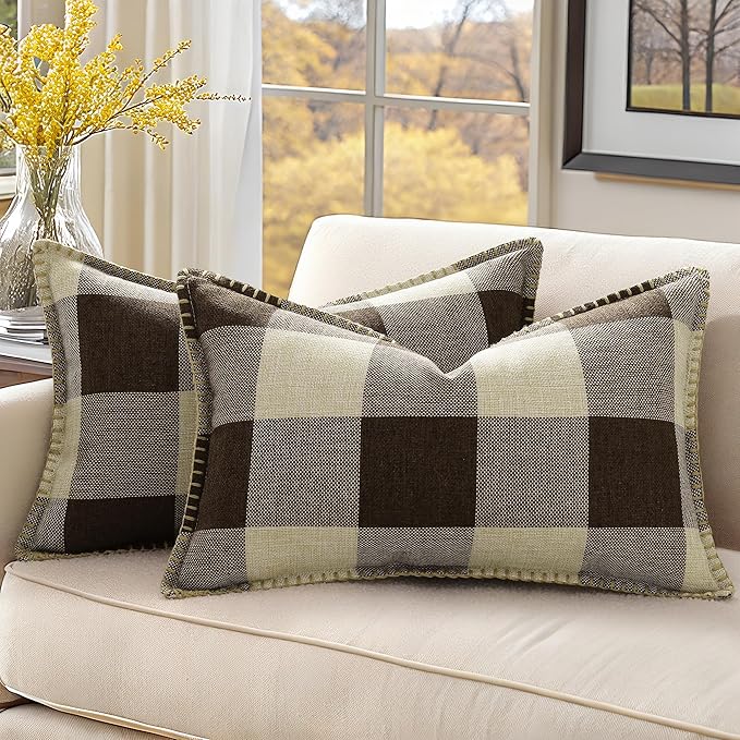 Buffalo Plaid Check Throw Pillow Covers - 12x20, Brown, Set of 2