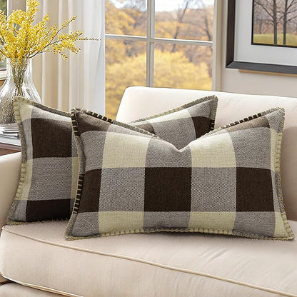 Buffalo Plaid Check Throw Pillow Covers - 12x20, Brown, Set of 2