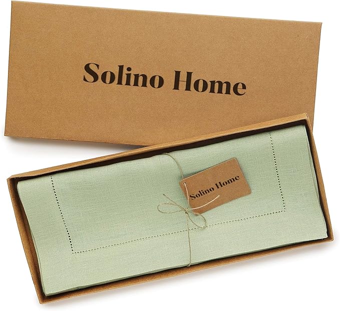 100% Pure Linen Hemstitch Table Runner 14 x 60 Inch - Sagie Green